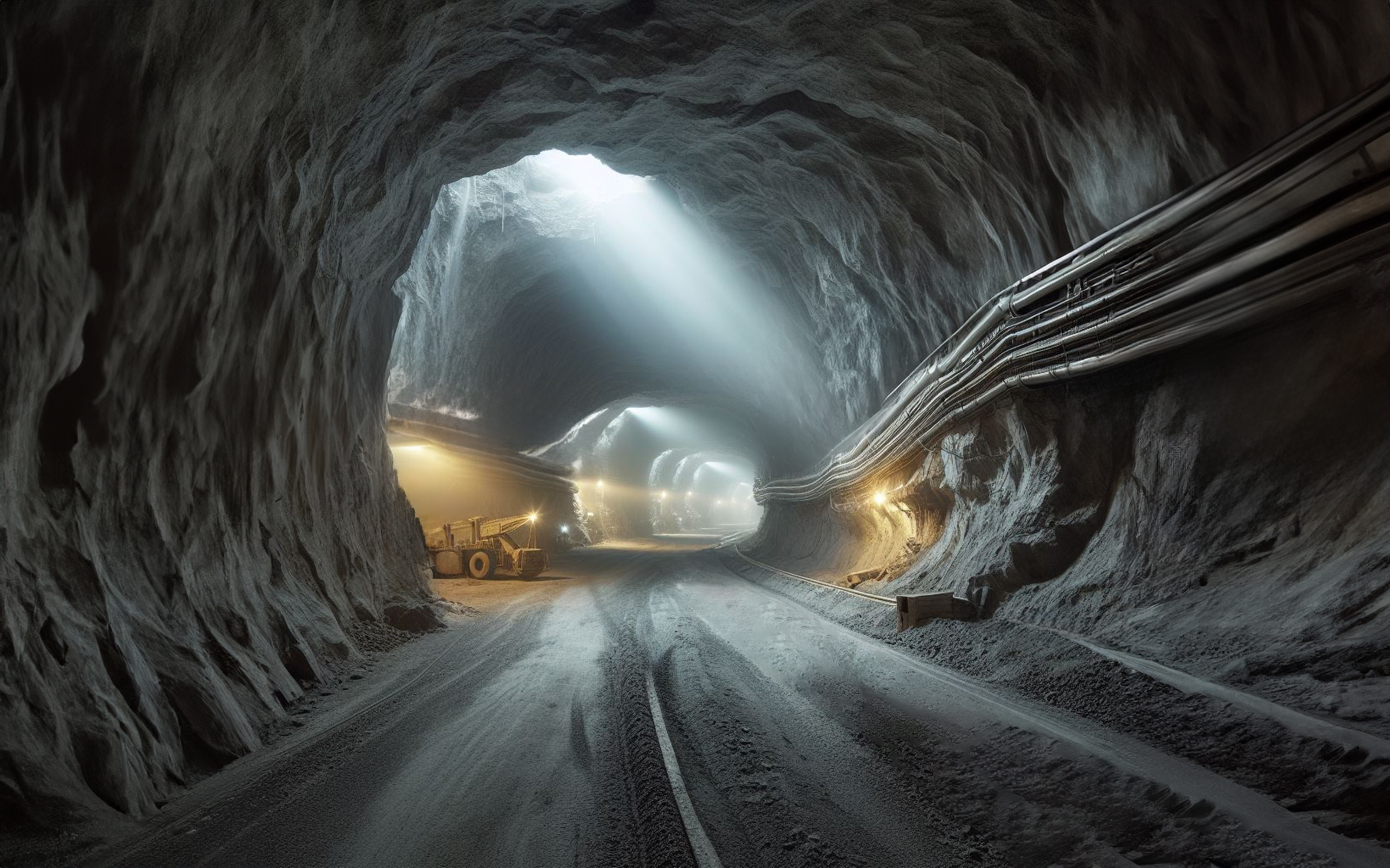 Underground mining tunnel with pipelines and industrial lighting